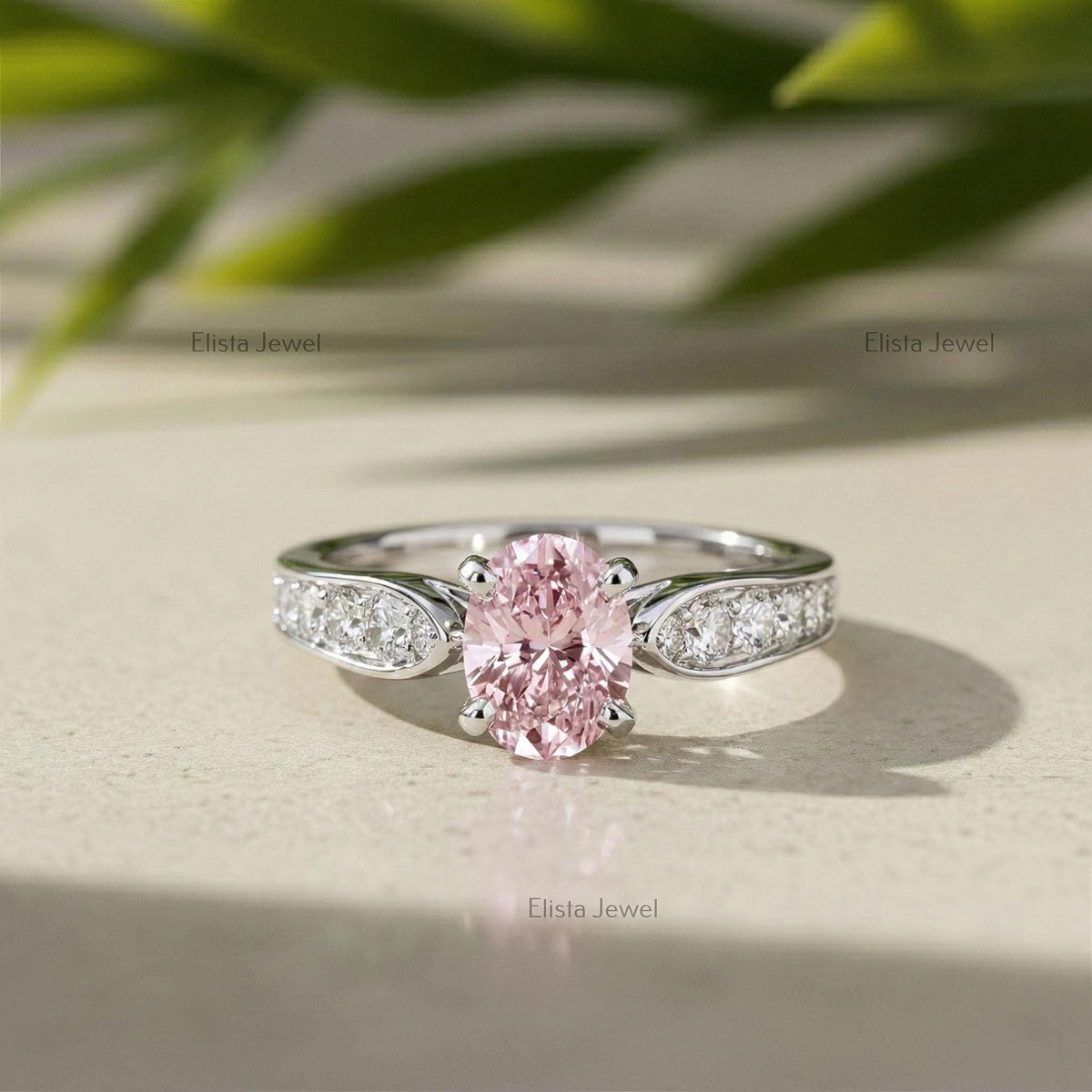 Oval Pink Lab Grown Diamond Engagement Ring, 14K White Gold, IGI Certified