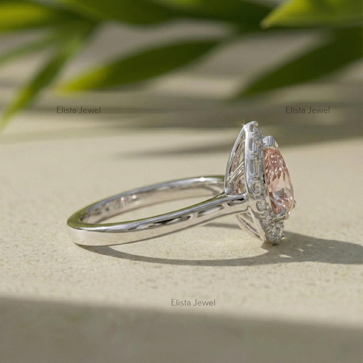 Pear Halo Pink Lab Grown Diamond Engagement Ring In 14K Solid White Gold