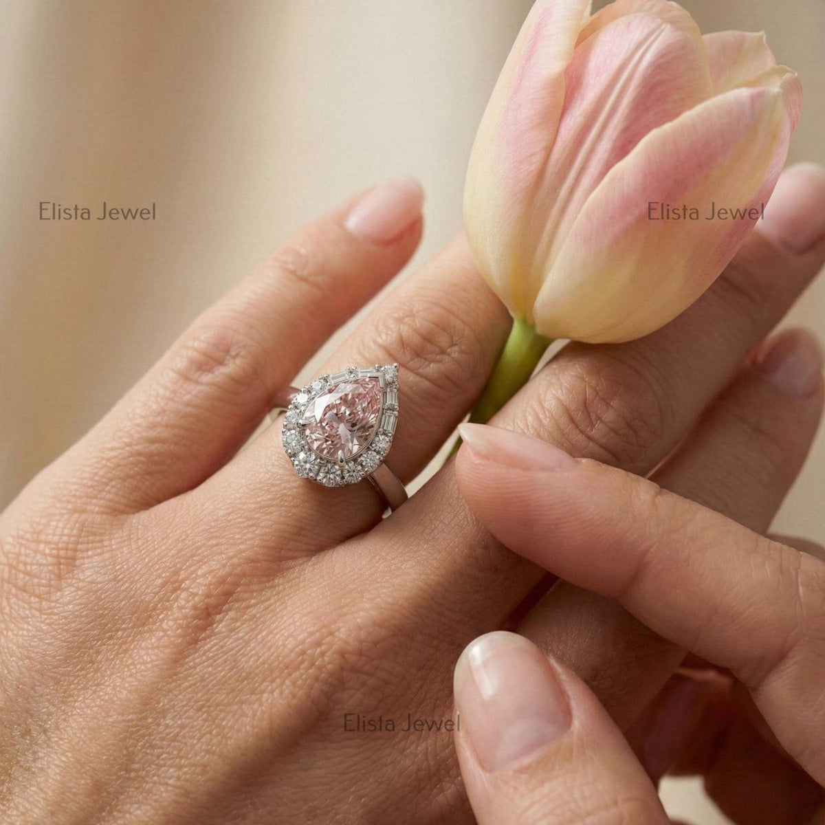 Pear Halo Pink Lab Grown Diamond Engagement Ring In 14K Solid White Gold