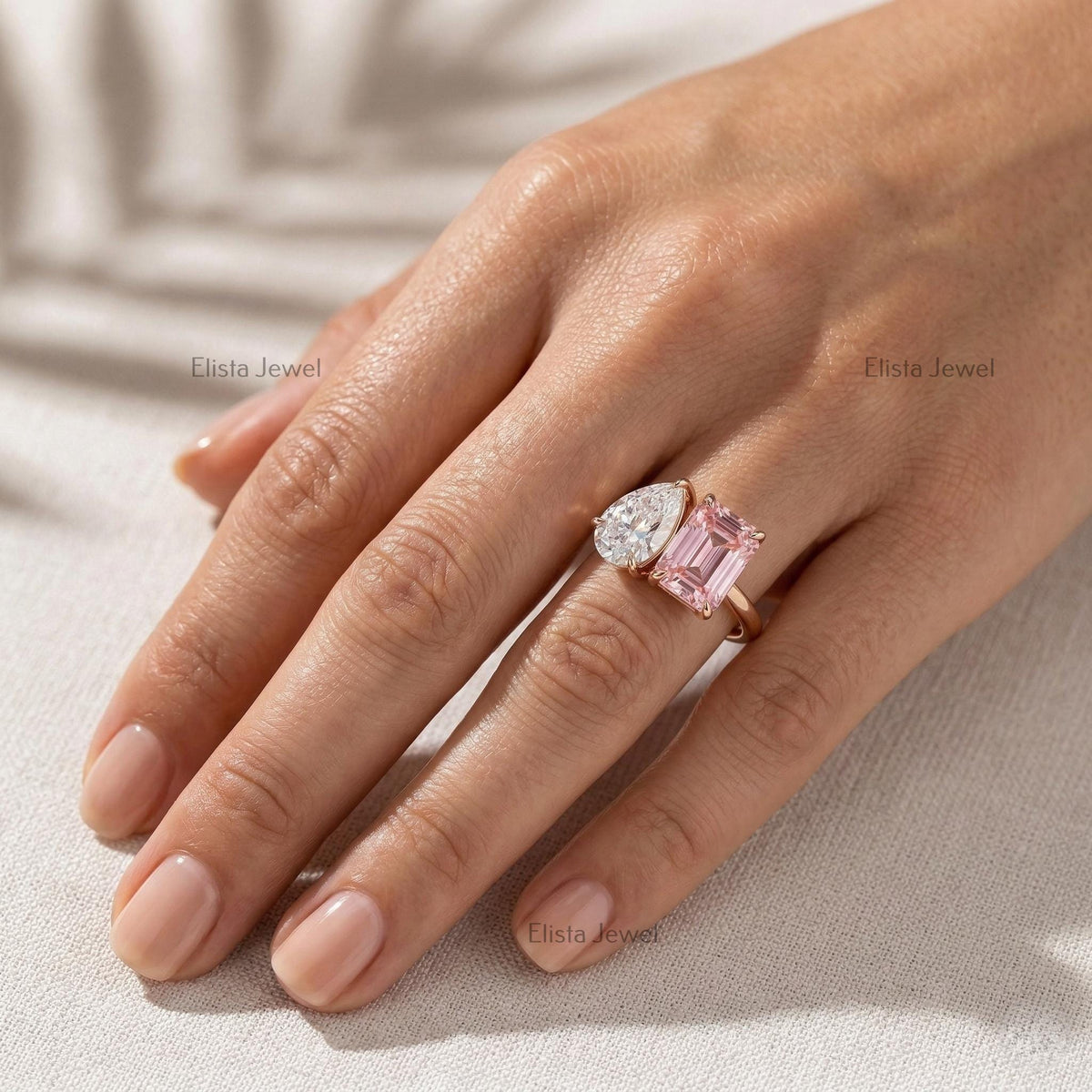 Pear Emerald Lab Grown Diamond Toi Et Moi Ring, 14K Rose Gold Engagement Ring