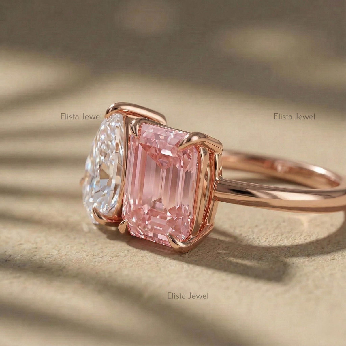 Pear Emerald Lab Grown Diamond Toi Et Moi Ring, 14K Rose Gold Engagement Ring