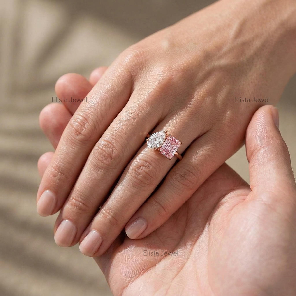 Pear Emerald Lab Grown Diamond Toi Et Moi Ring, 14K Rose Gold Engagement Ring