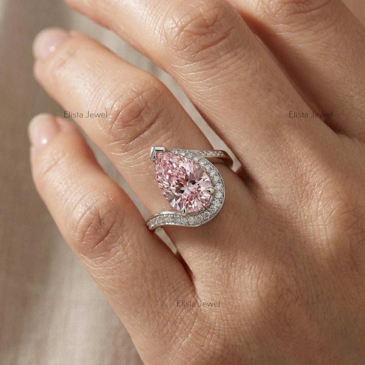 Pear Shaped Pink Lab Diamond Bypass Ring, IGI Certified White Gold Engagement For Women
