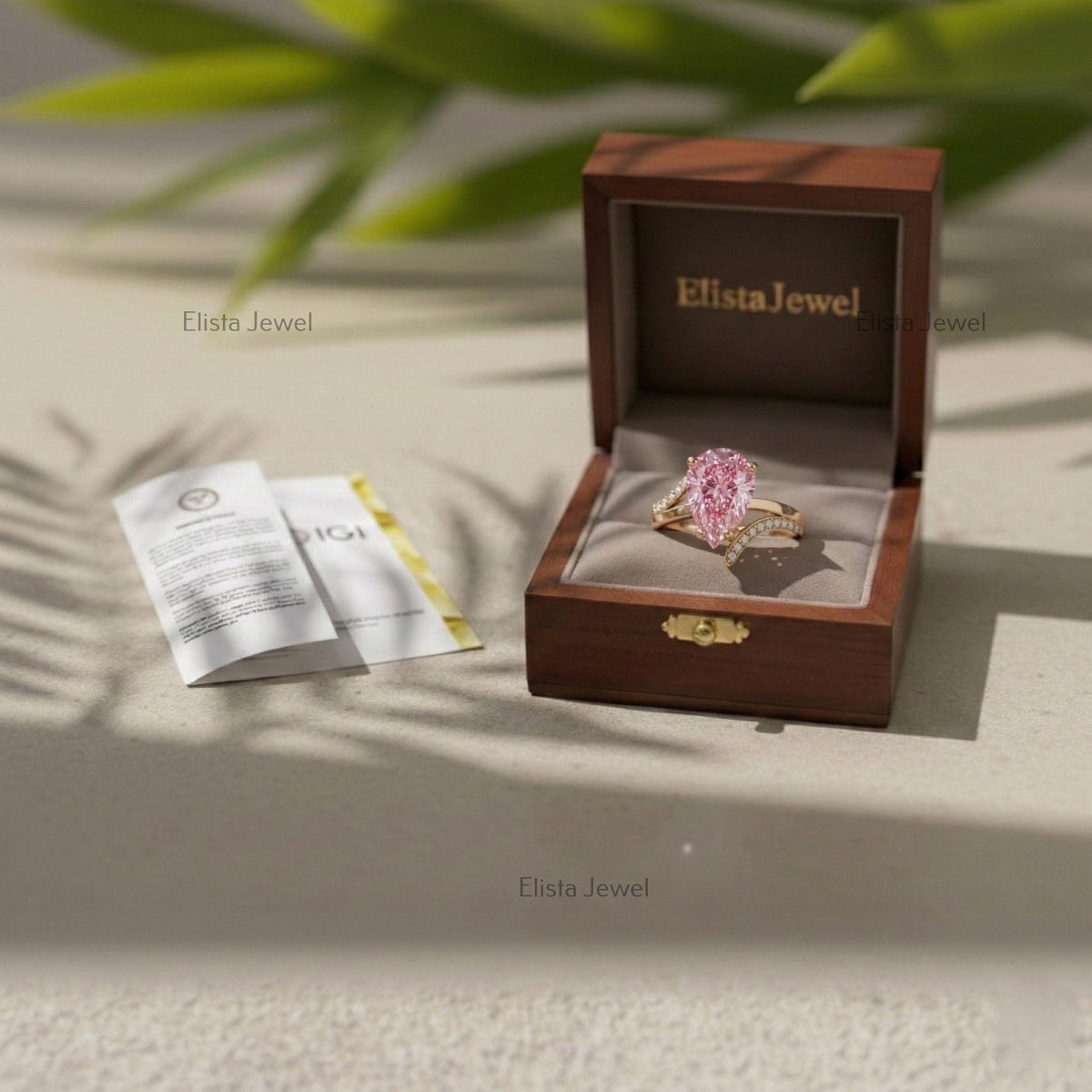 Pink Diamond Ring, Pear Shaped Lab Engagement Rose Gold Split Shank Pave IGI Certified