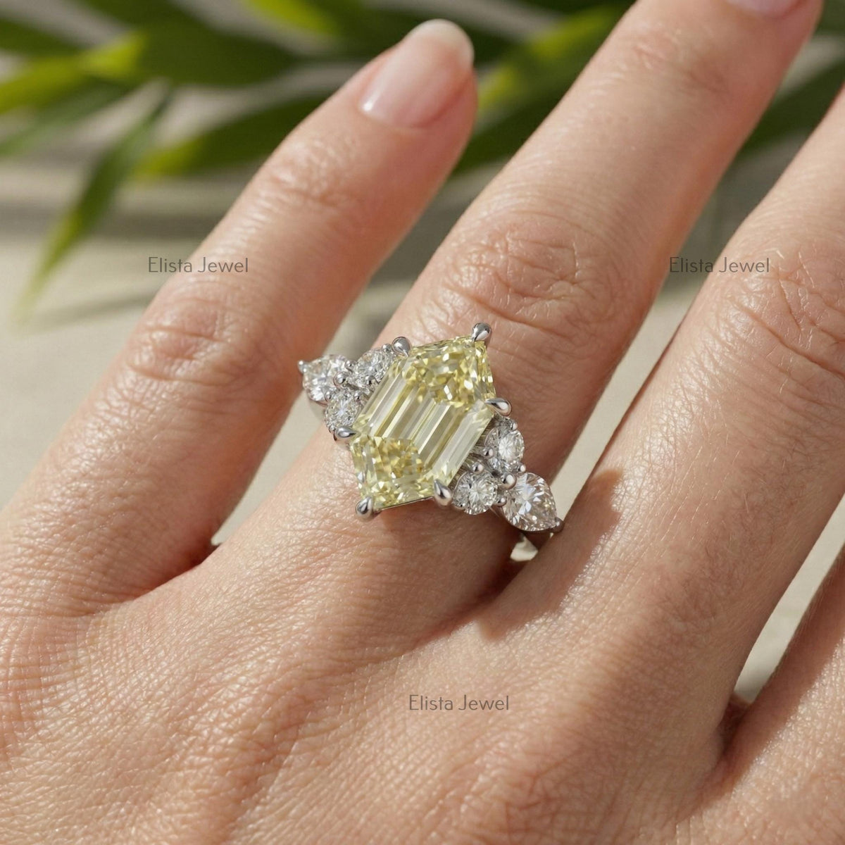 Hexagon Step Cut Yellow Diamond Three Stone Ring, IGI Certified Engagement Ring