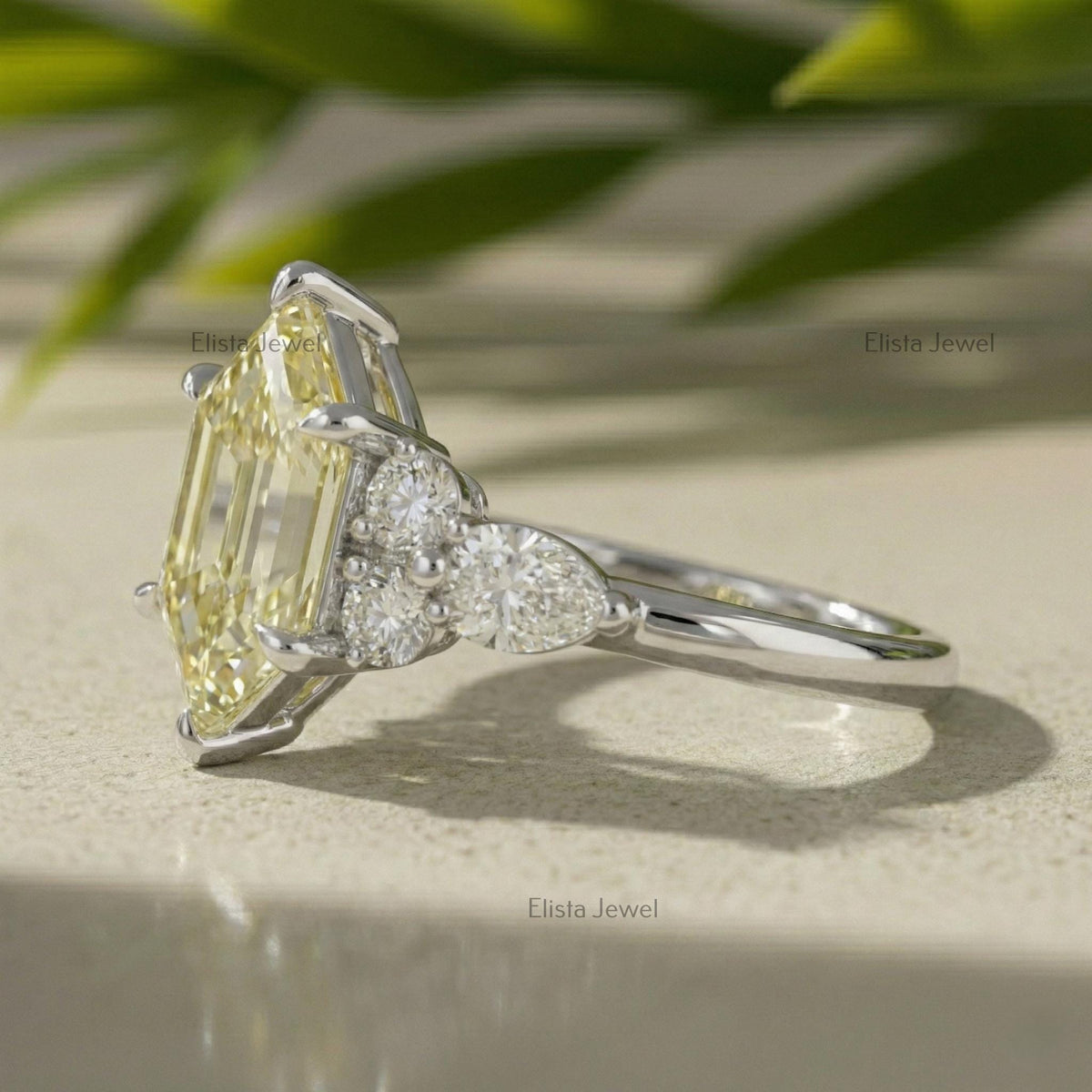 Hexagon Step Cut Yellow Diamond Three Stone Ring, IGI Certified Engagement Ring