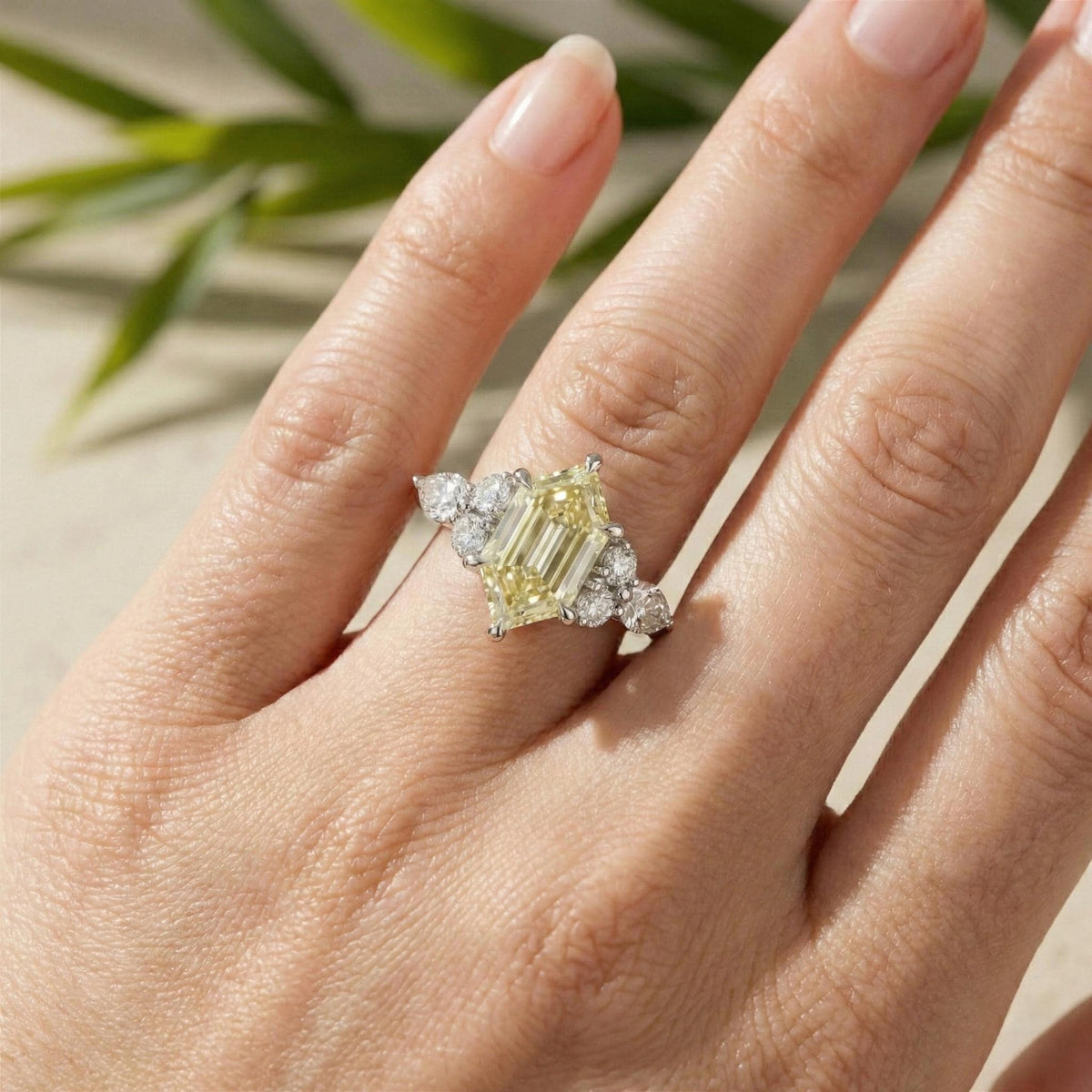 Hexagon Step Cut Yellow Diamond Three Stone Ring, IGI Certified Engagement Ring