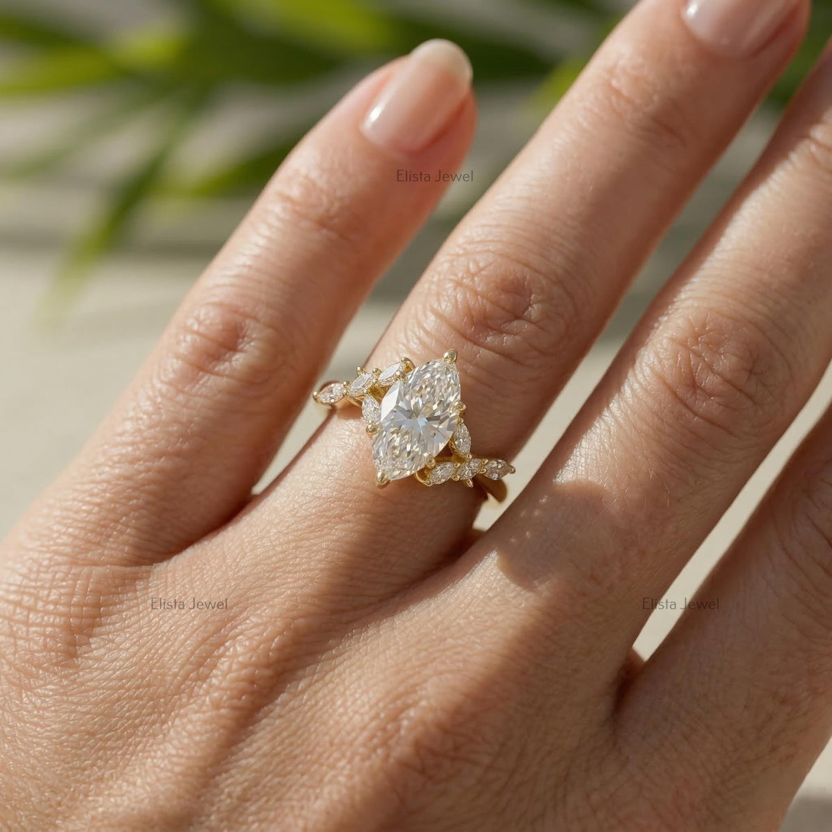 Marquise Lab Grown Diamond Leaf Vine Engagement Ring 14K Yellow Gold (IGI Certified)