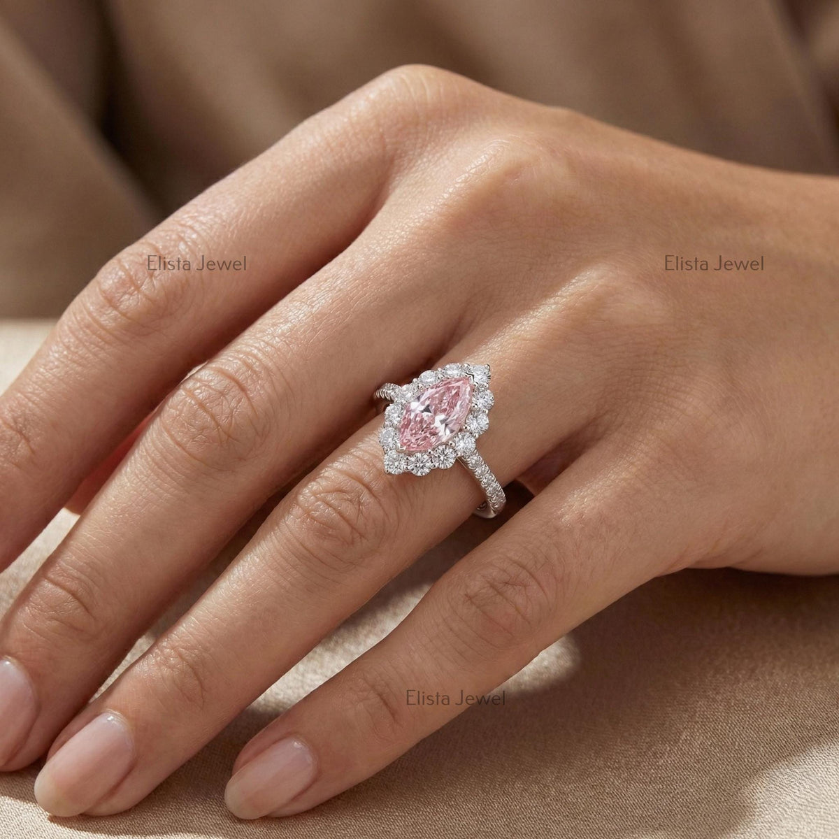Marquise Pink Lab Diamond Halo Engagement Ring, 14K White Gold Pavé Band Certified