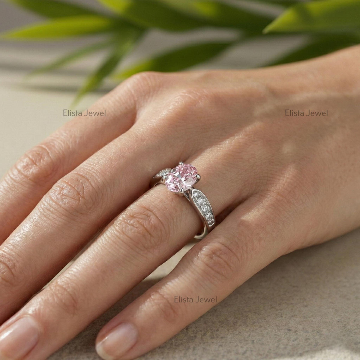 Oval Pink Lab Grown Diamond Engagement Ring, 14K White Gold, IGI Certified