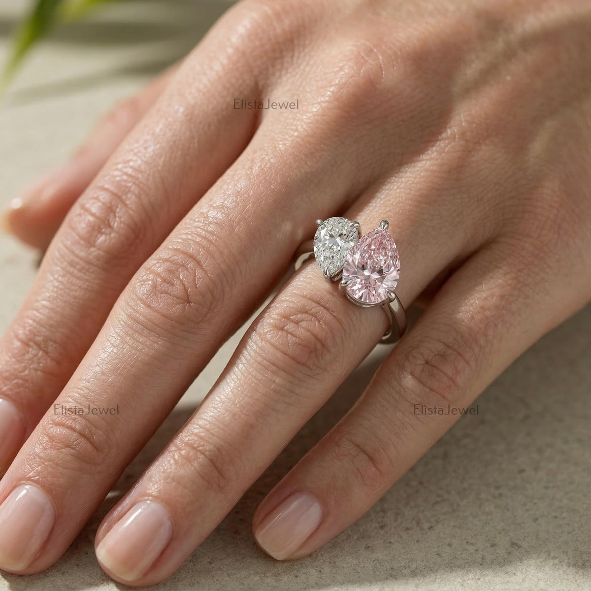 Pear Lab Grown Diamond Bypass Ring, Pink & Colorless, 14K Gold Toi Et Moi