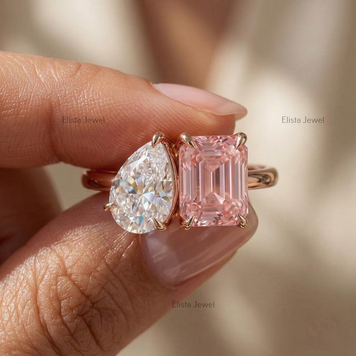 Pear Emerald Lab Grown Diamond Toi Et Moi Ring, 14K Rose Gold Engagement Ring