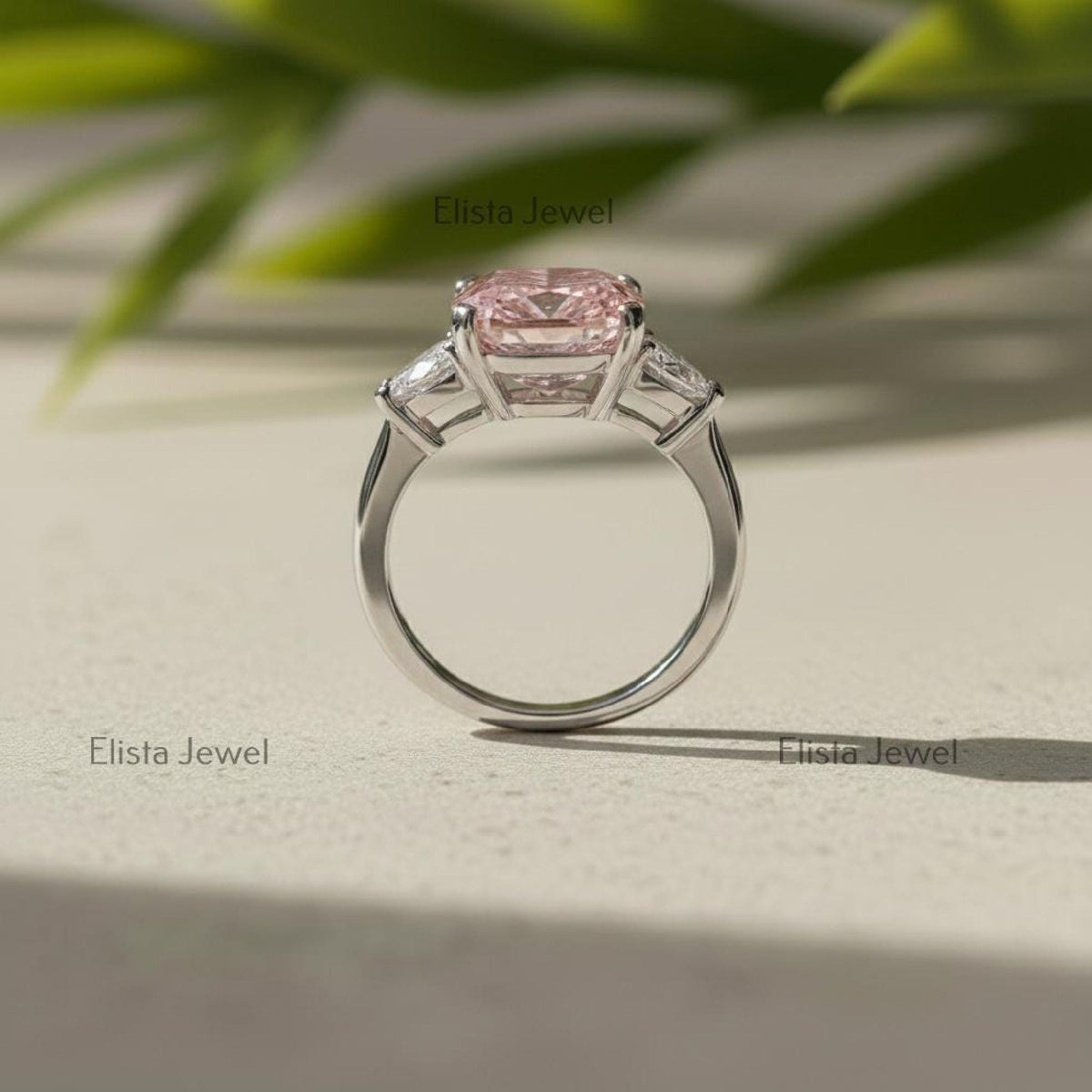 Radiant Lab-Grown Pink Diamond Three Stone Platinum Ring
