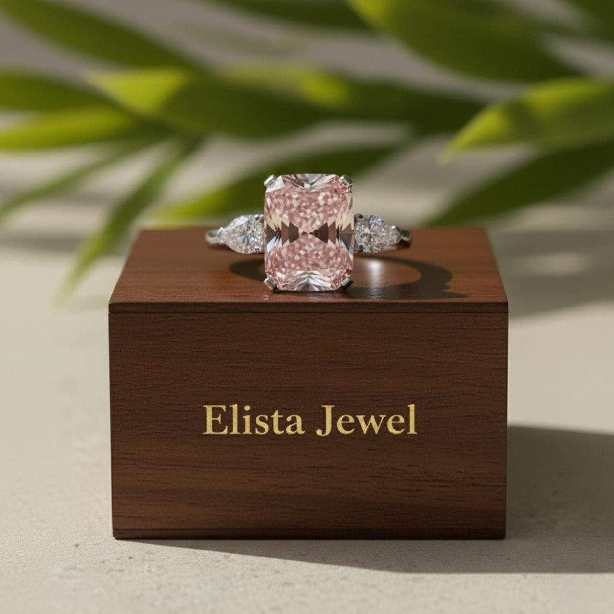 Radiant Lab-Grown Pink Diamond Three Stone Platinum Ring