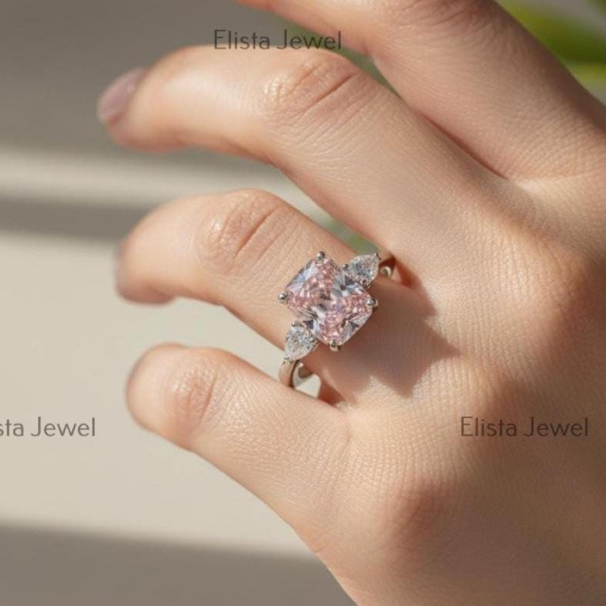 Radiant Lab-Grown Pink Diamond Three Stone Platinum Ring