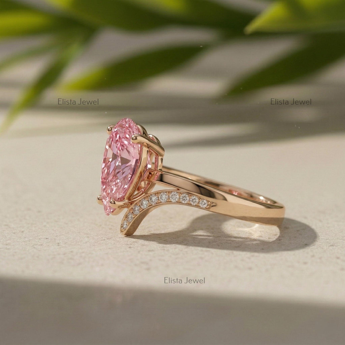 Pink Diamond Ring, Pear Shaped Lab Engagement Rose Gold Split Shank Pave IGI Certified