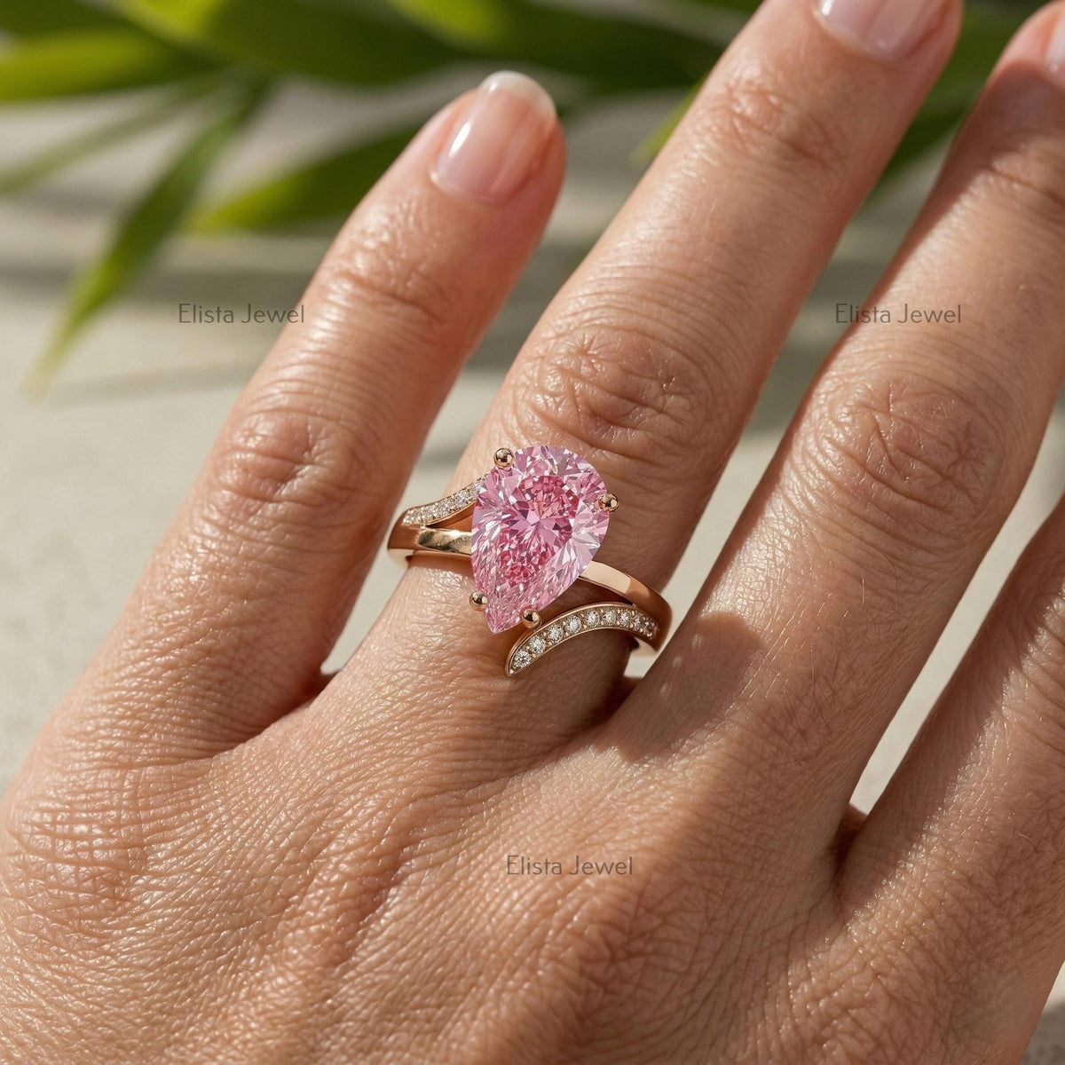 Pink Diamond Ring, Pear Shaped Lab Engagement Rose Gold Split Shank Pave IGI Certified