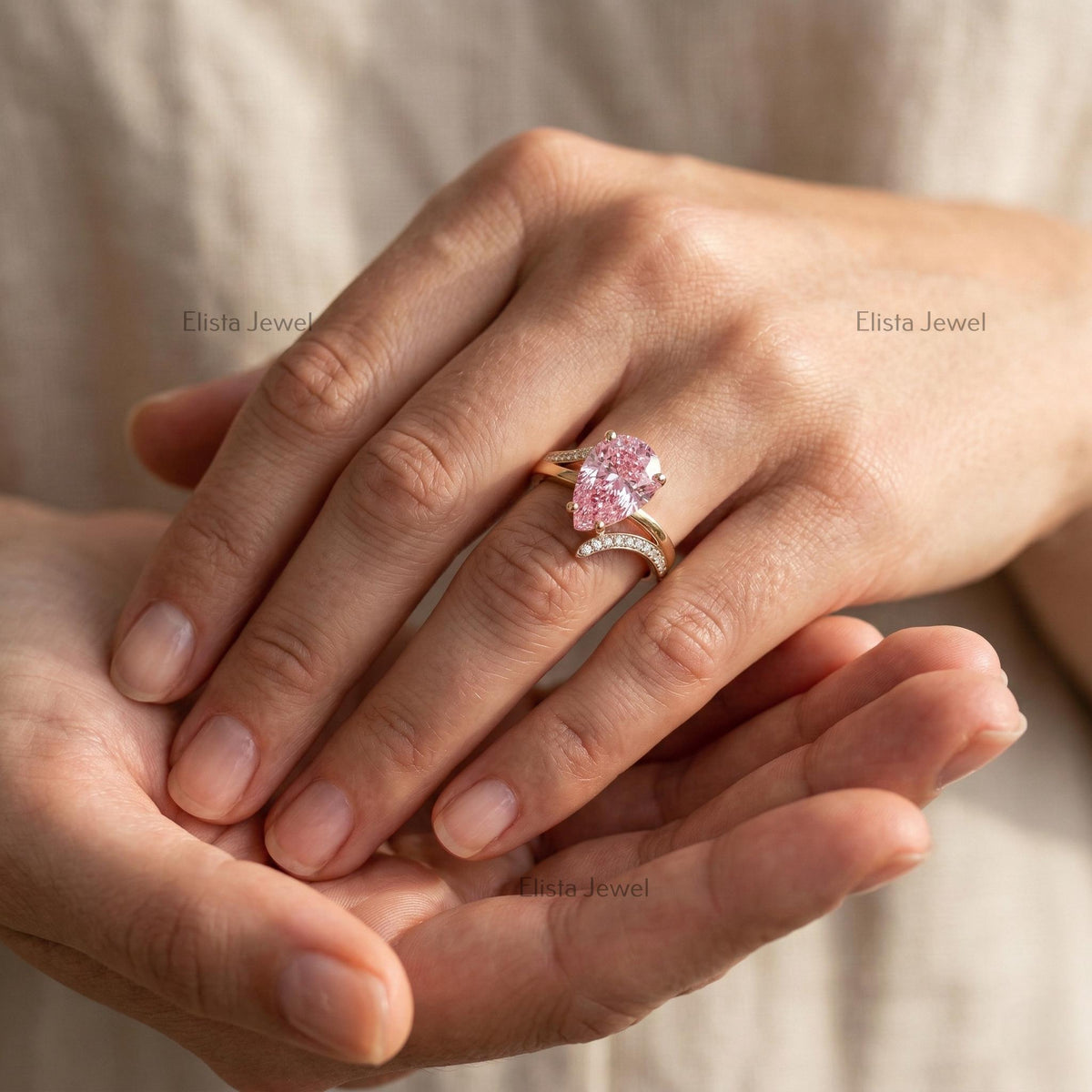 Pink Diamond Ring, Pear Shaped Lab Engagement Rose Gold Split Shank Pave IGI Certified