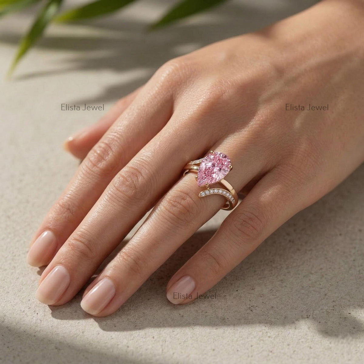 Pink Diamond Ring, Pear Shaped Lab Engagement Rose Gold Split Shank Pave IGI Certified