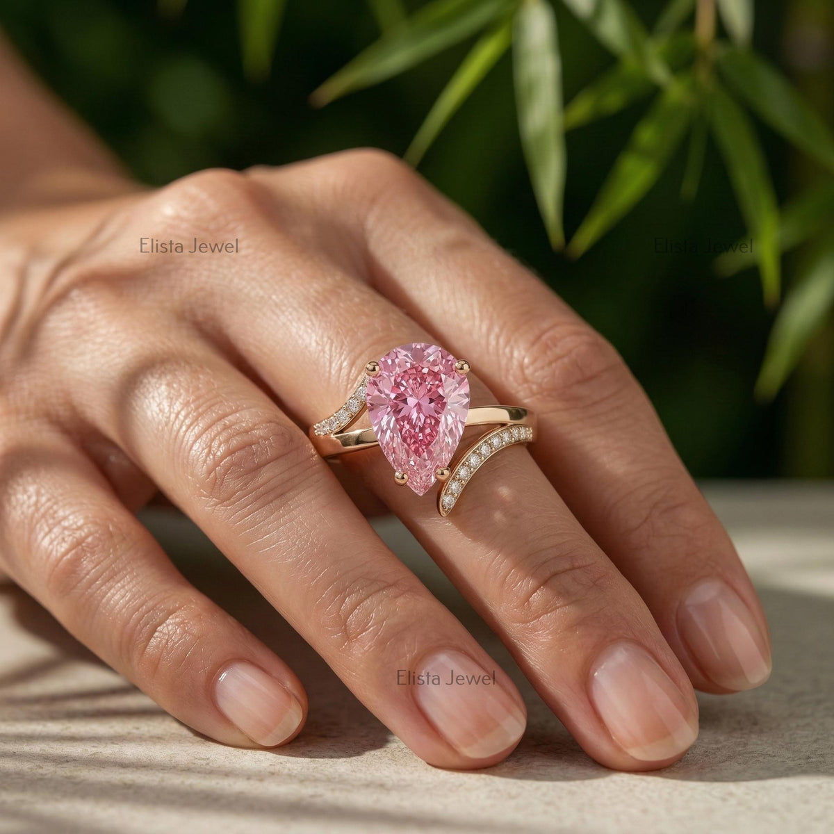 Pink Diamond Ring, Pear Shaped Lab Engagement Rose Gold Split Shank Pave IGI Certified