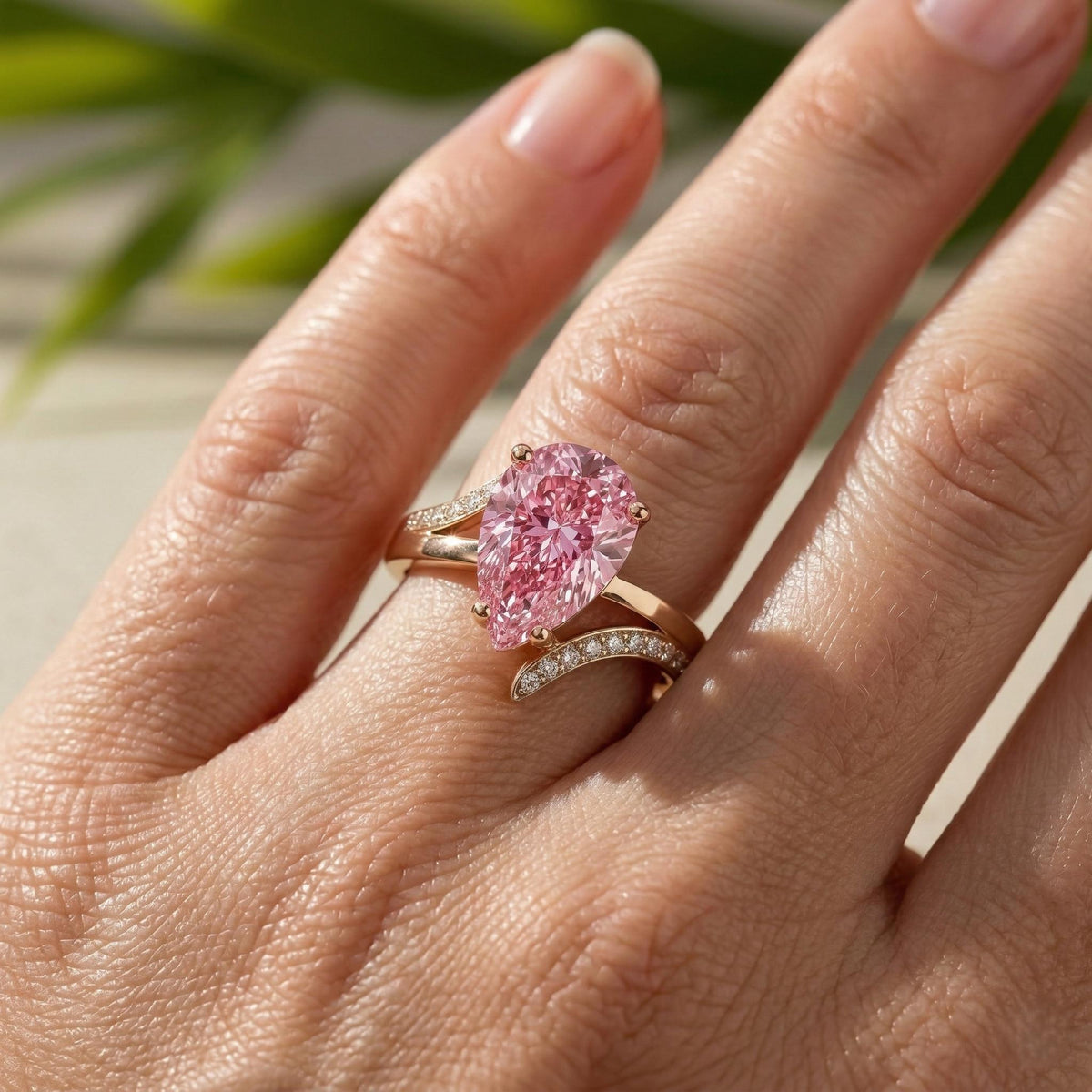 Pink Diamond Ring, Pear Shaped Lab Engagement Rose Gold Split Shank Pave IGI Certified