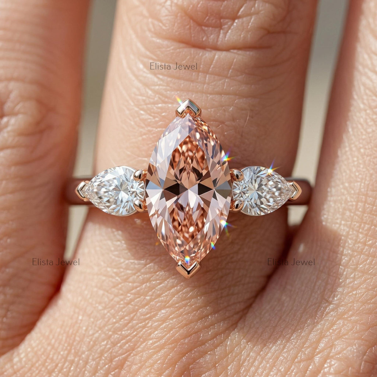 Marquise Pink Lab Diamond Three Stone Ring, 14K Two Tone Pear Stones (IGI Certified)