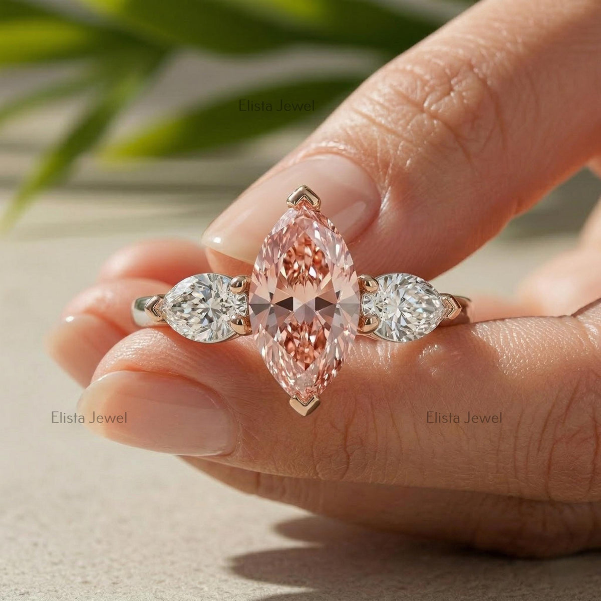 Marquise Pink Lab Diamond Three Stone Ring, 14K Two Tone Pear Stones (IGI Certified)