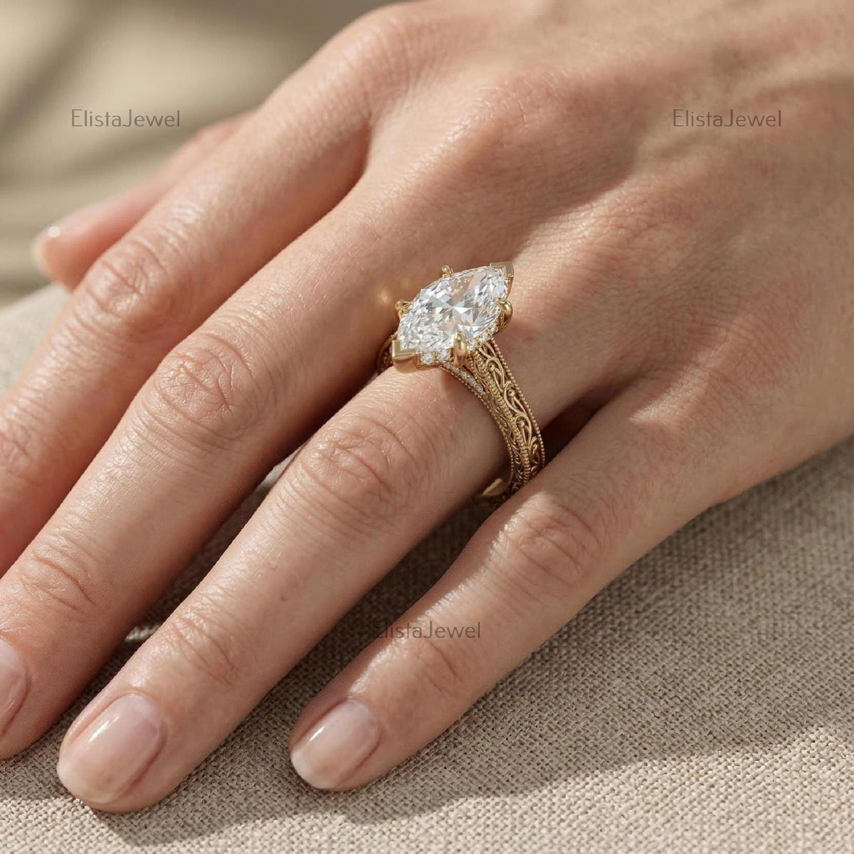 Marquise Lab Grown Diamond Engagement Ring, Vintage Yellow Gold Filigree Solitaire
