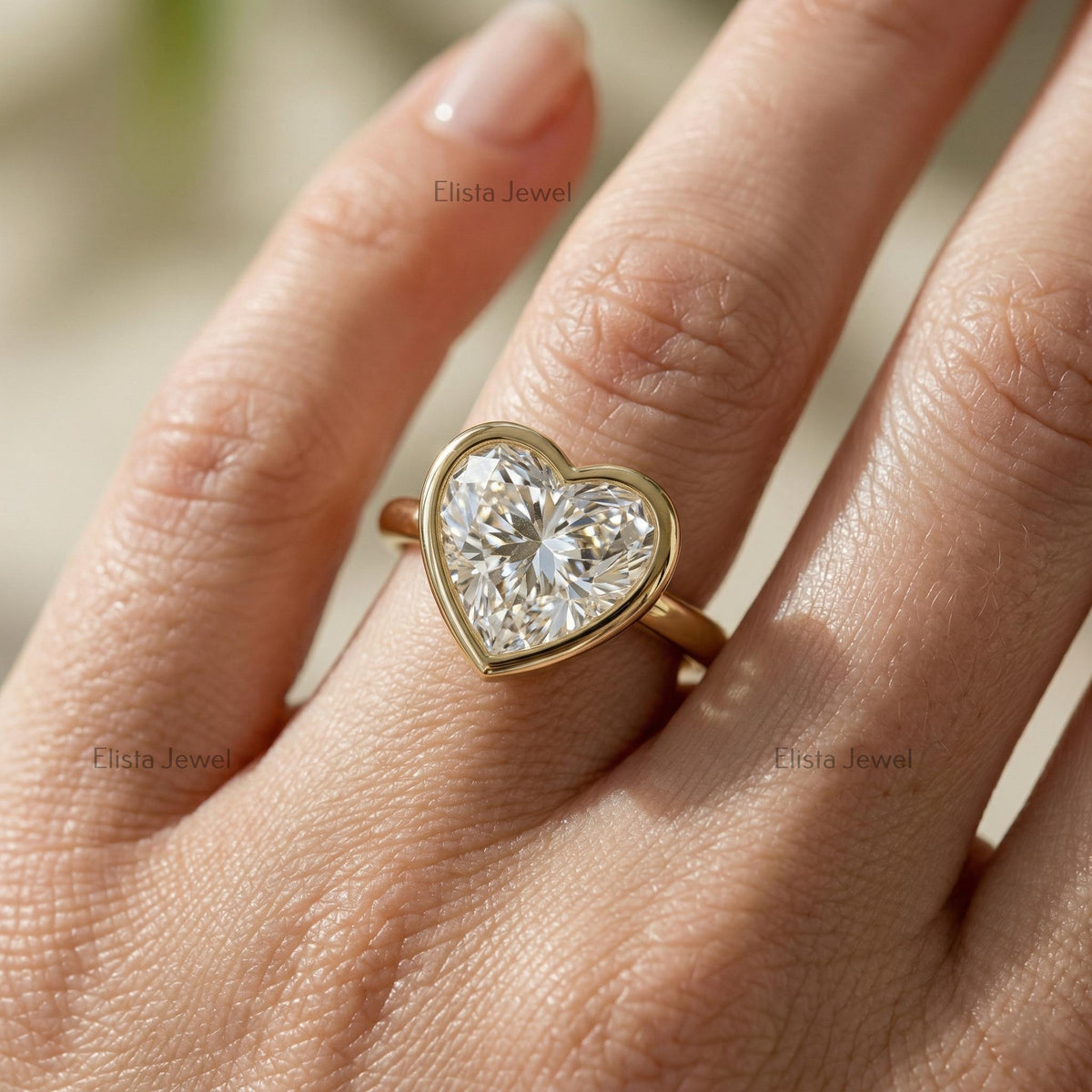 Heart Lab Grown Diamond Bezel Solitaire Ring, 14K Yellow Gold Modern Minimalist, IGI Certified
