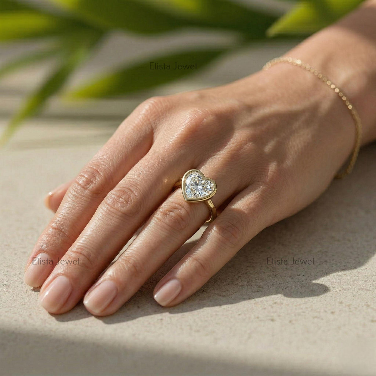 Heart Lab Grown Diamond Bezel Solitaire Ring, 14K Yellow Gold Modern Minimalist, IGI Certified