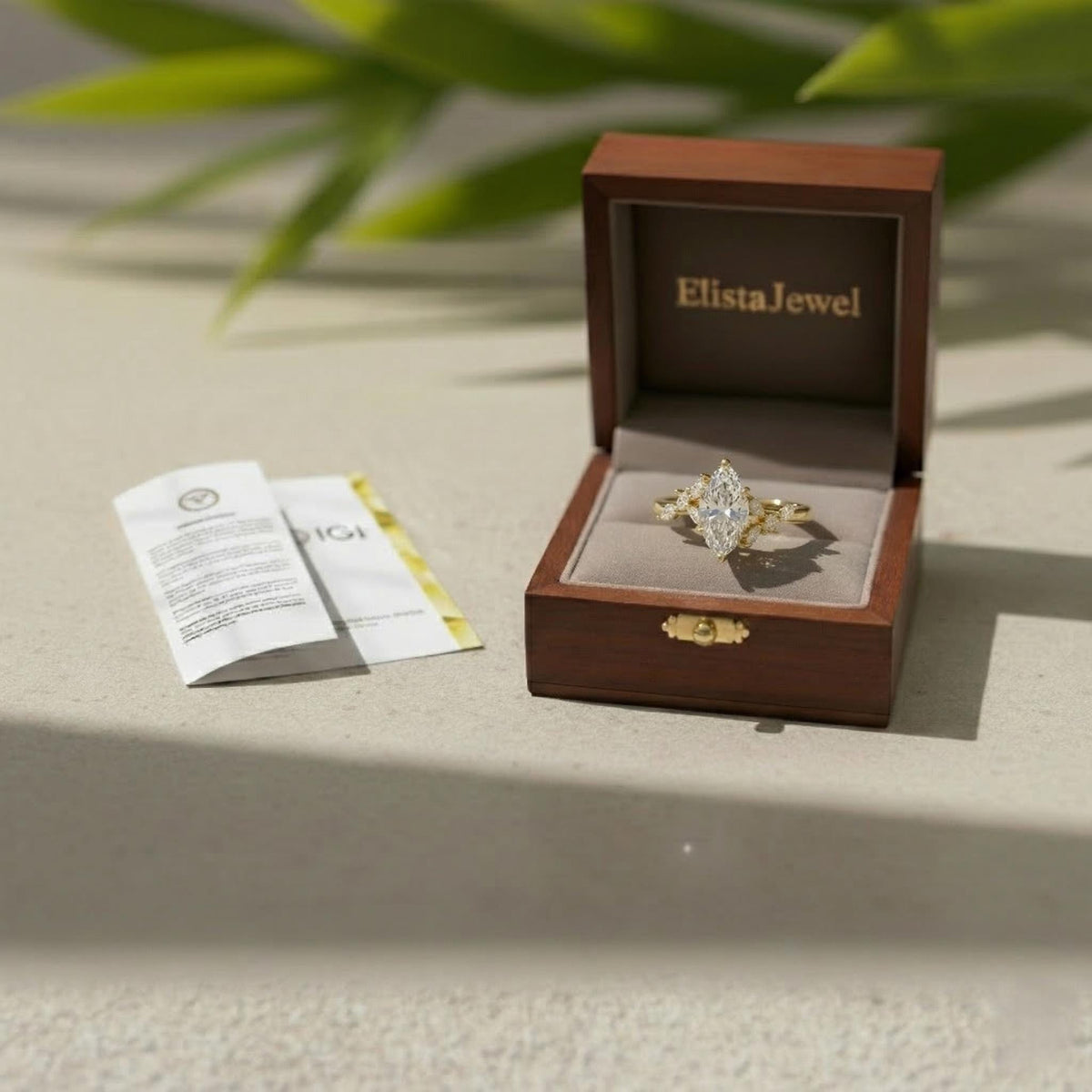 Marquise Lab Grown Diamond Leaf Vine Engagement Ring 14K Yellow Gold (IGI Certified)