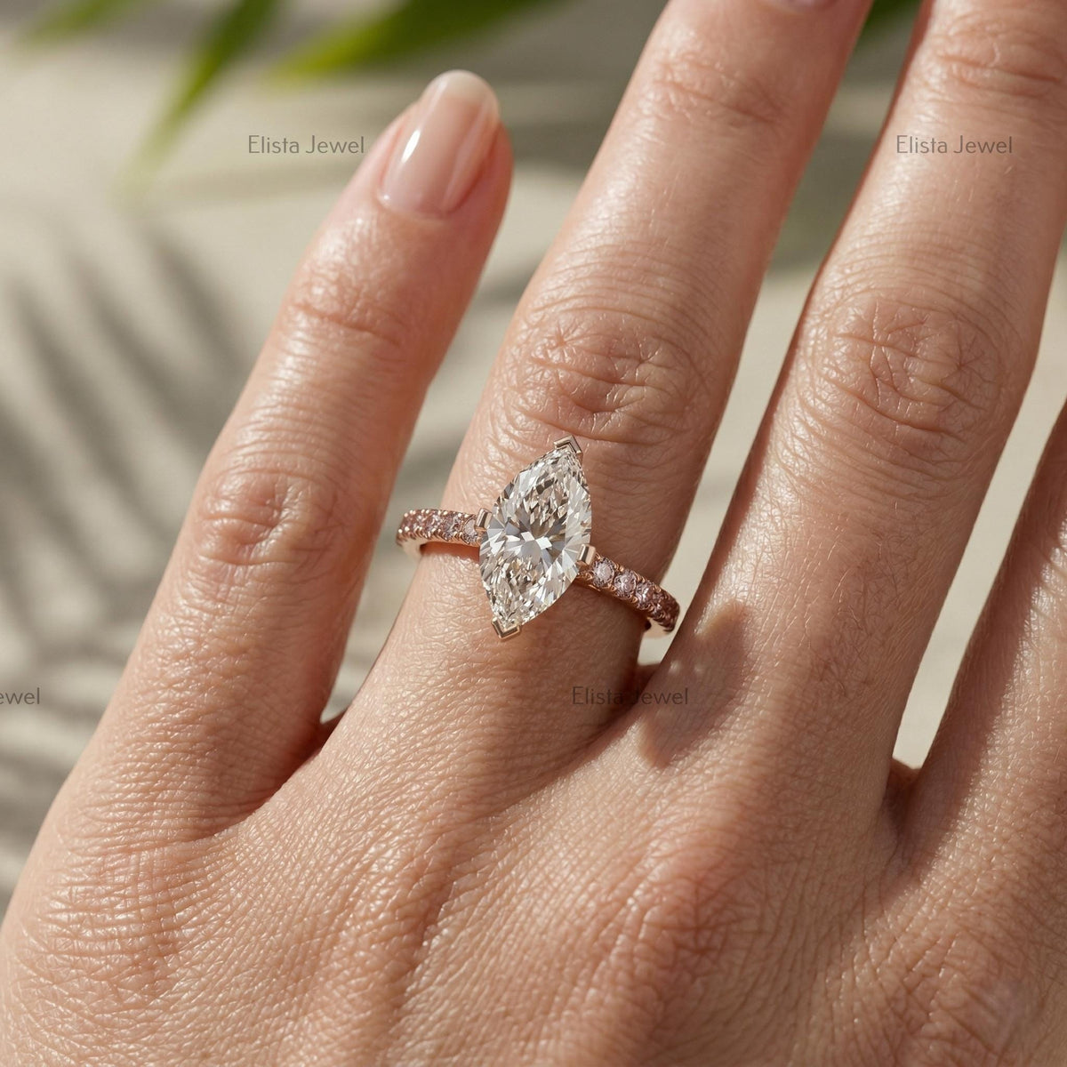 Marquise Lab Grown Diamond Engagement Ring, Rose Gold Pave Band, Minimalist Bridal Ring