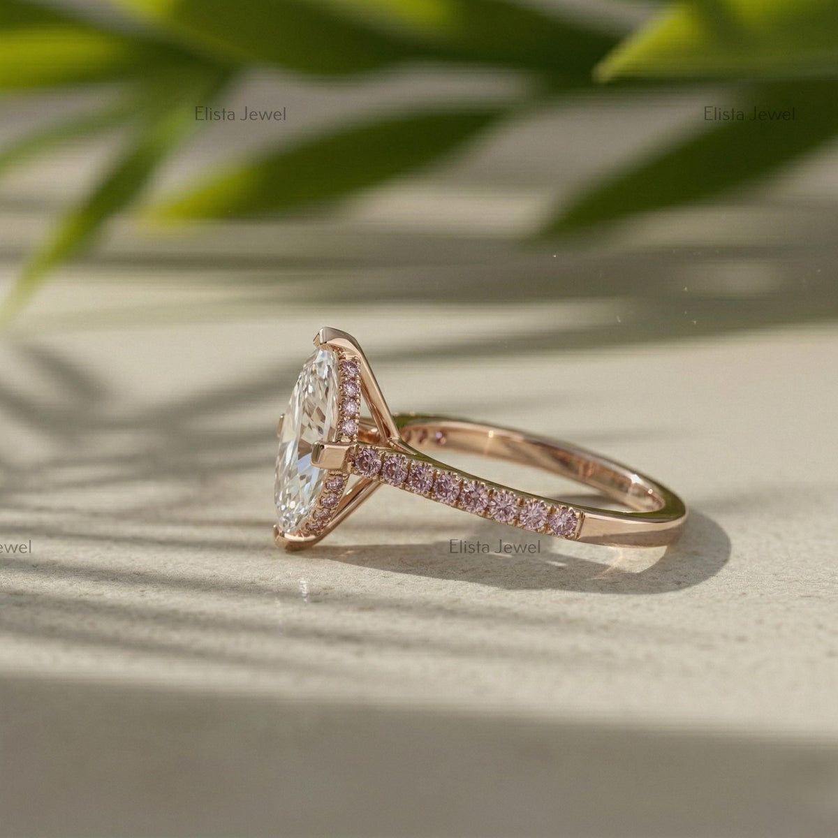 Marquise Lab Grown Diamond Engagement Ring, Rose Gold Pave Band, Minimalist Bridal Ring