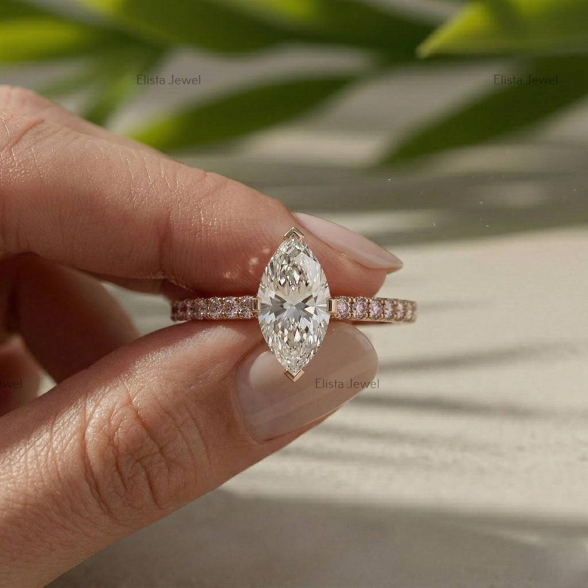 Marquise Lab Grown Diamond Engagement Ring, Rose Gold Pave Band, Minimalist Bridal Ring