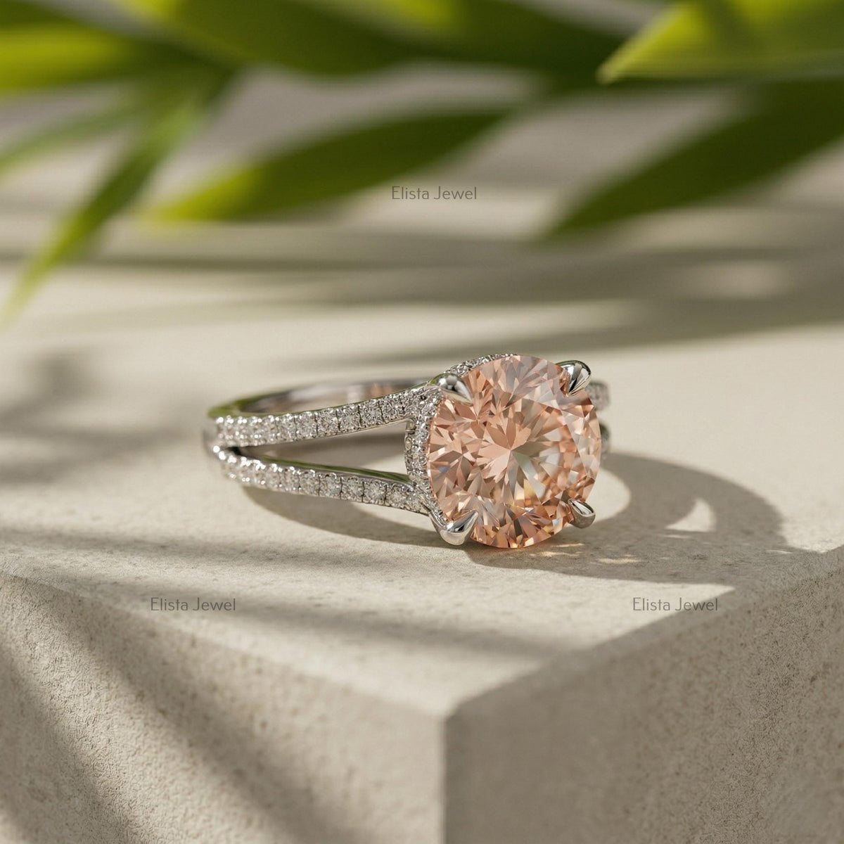 Round Lab Grown Diamond Split Shank Engagement Ring, Peach Solitaire, Micro Pave Band (IGI Certified)
