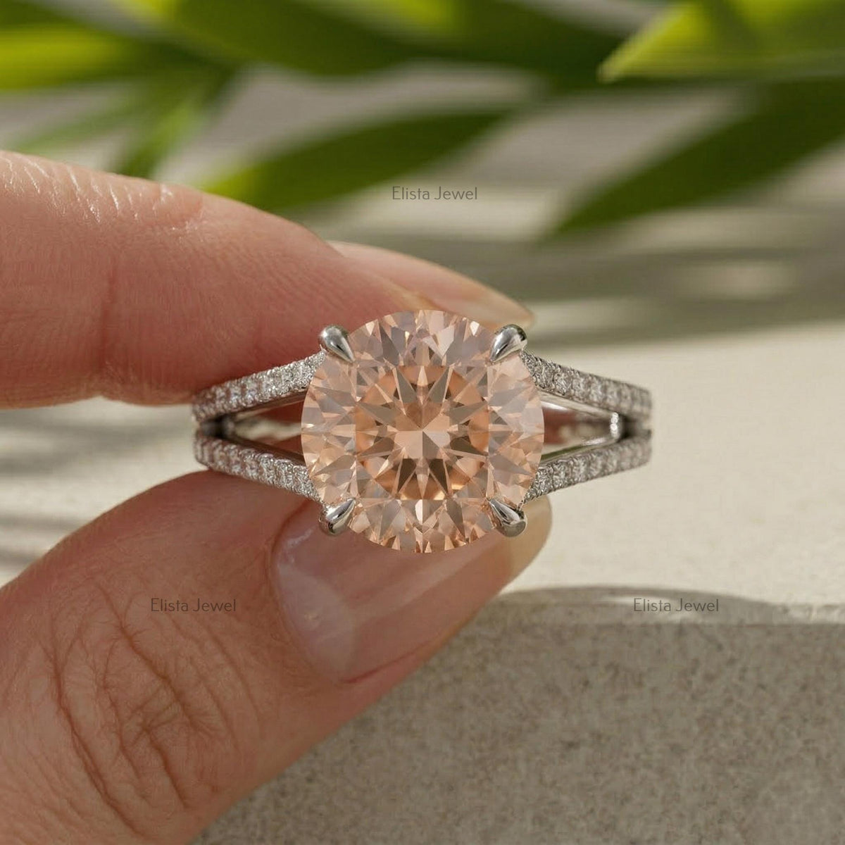 Round Lab Grown Diamond Split Shank Engagement Ring, Peach Solitaire, Micro Pave Band (IGI Certified)