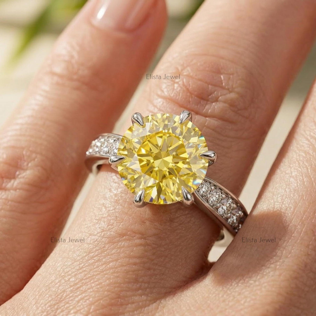 Round Lab Grown Yellow Diamond Engagement Ring, Pave Band, IGI Certified