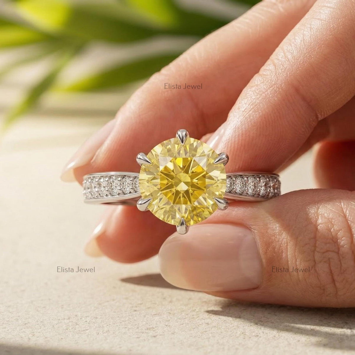 Round Lab Grown Yellow Diamond Engagement Ring, Pave Band, IGI Certified