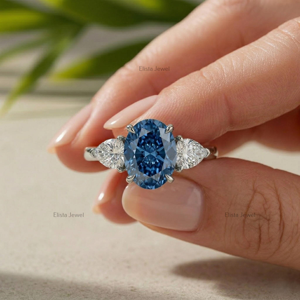 Oval Blue Sapphire Three Stone Engagement Ring, Trillion Diamonds, Platinum Band, IGI Certified
