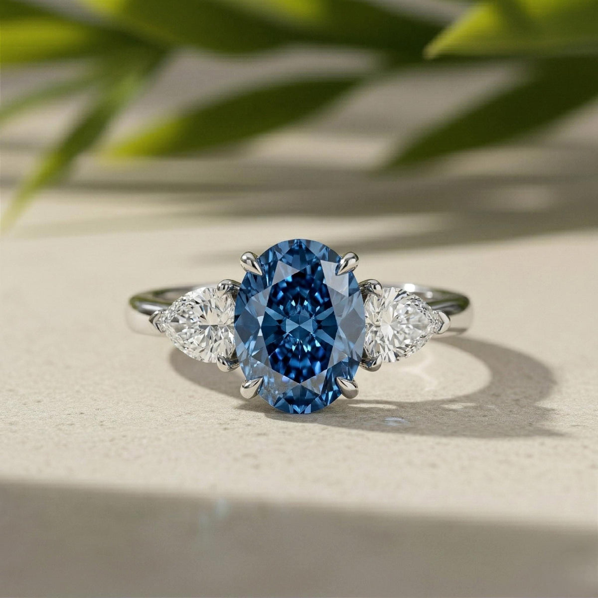 Oval Blue Sapphire Three Stone Engagement Ring, Trillion Diamonds, Platinum Band, IGI Certified