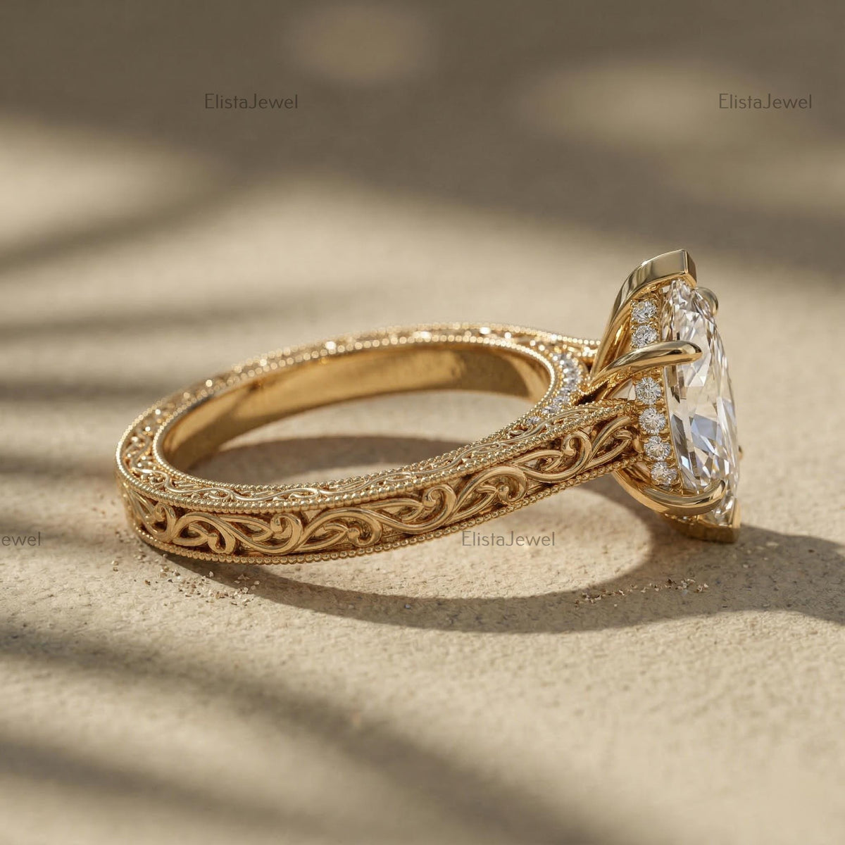 Marquise Lab Grown Diamond Engagement Ring, Vintage Yellow Gold Filigree Solitaire