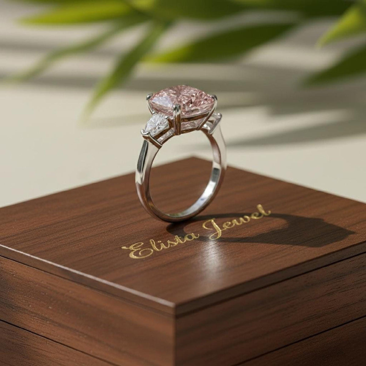 Radiant Lab-Grown Pink Diamond Three Stone Platinum Ring
