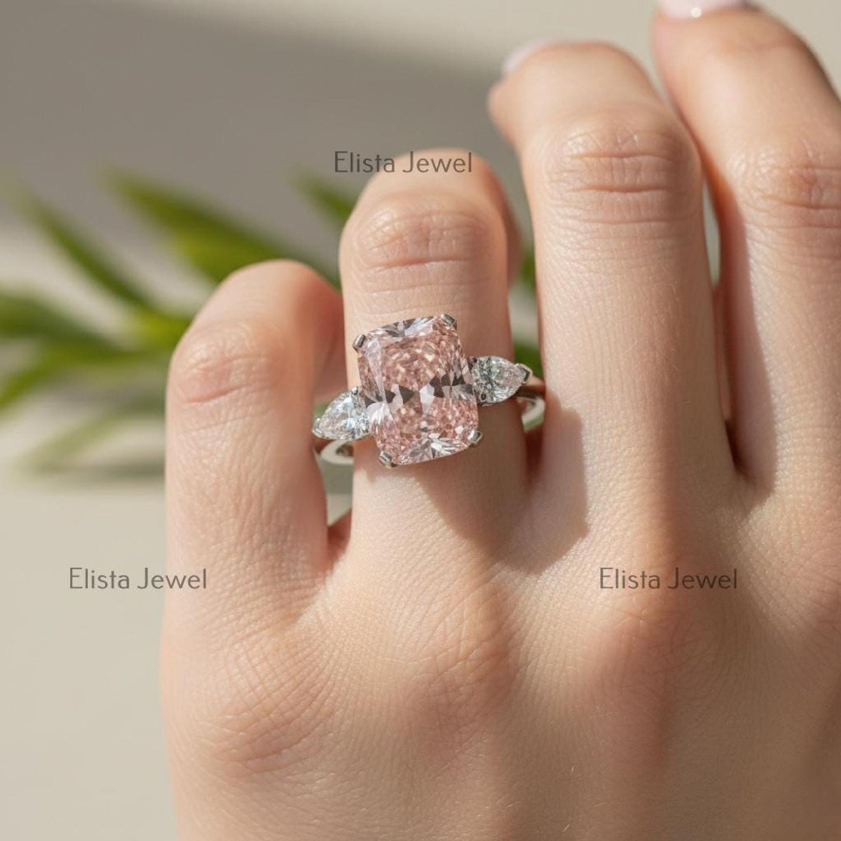 Radiant Lab-Grown Pink Diamond Three Stone Platinum Ring