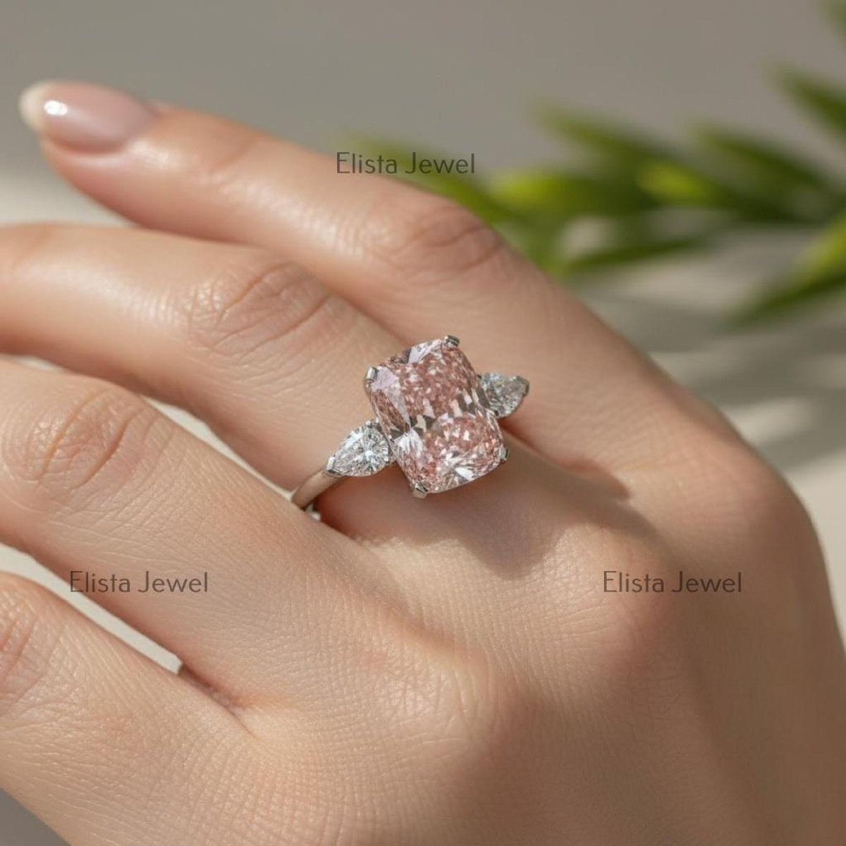 Radiant Lab-Grown Pink Diamond Three Stone Platinum Ring