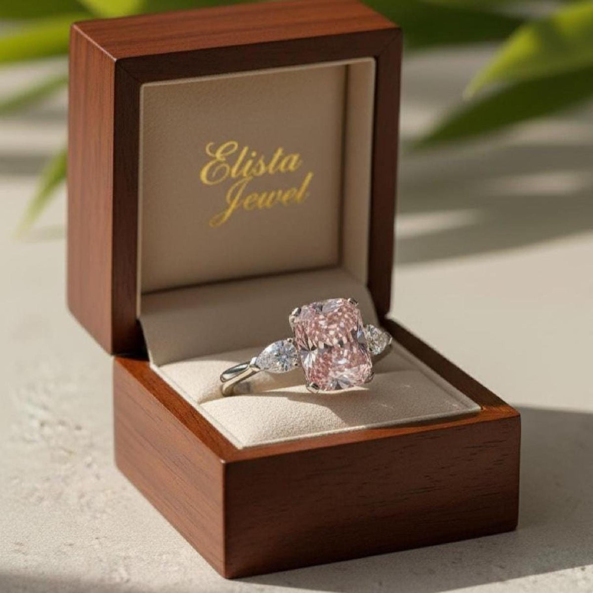 Radiant Lab-Grown Pink Diamond Three Stone Platinum Ring
