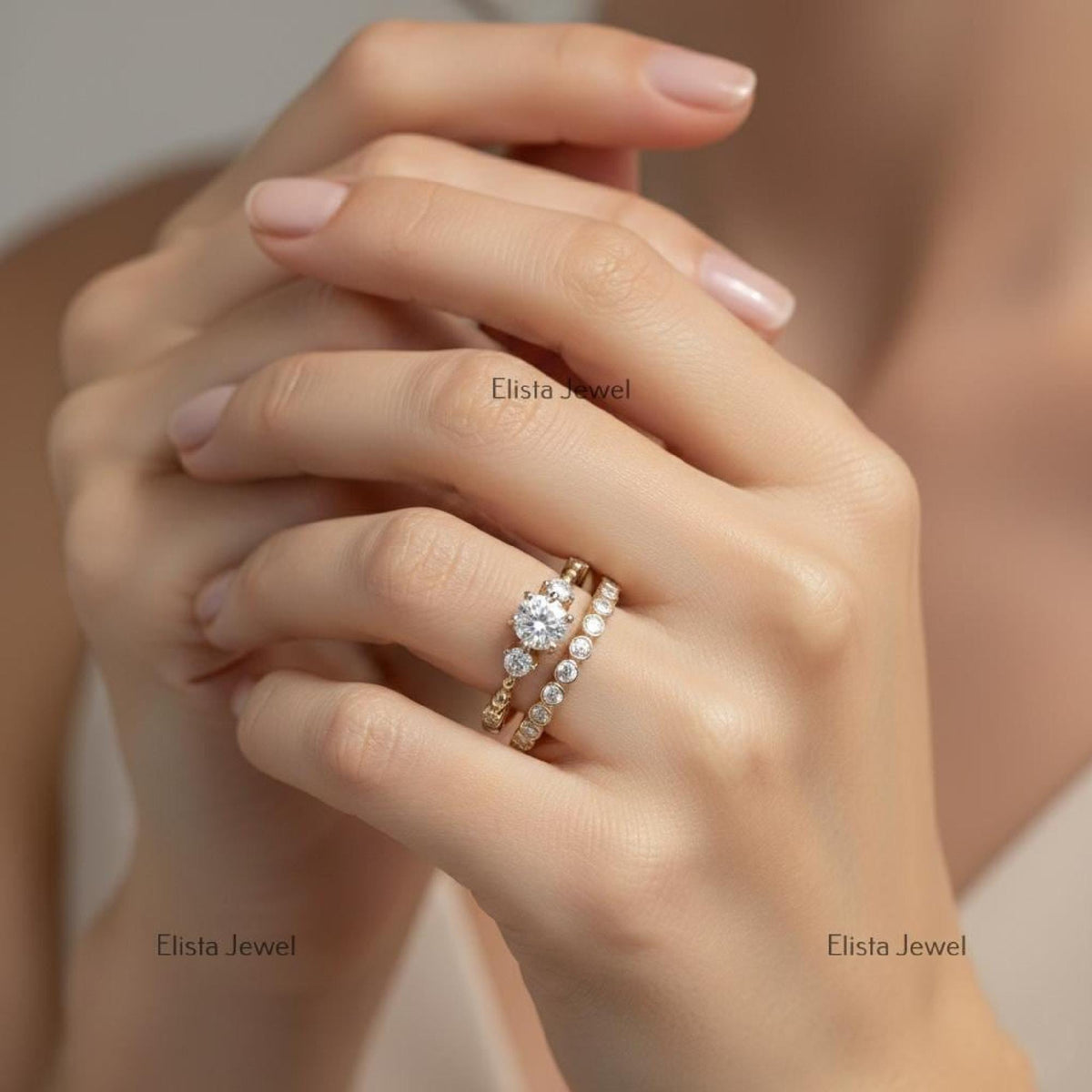 Lab-Grown Round Diamond Engagement Ring Set, 14K Yellow Gold