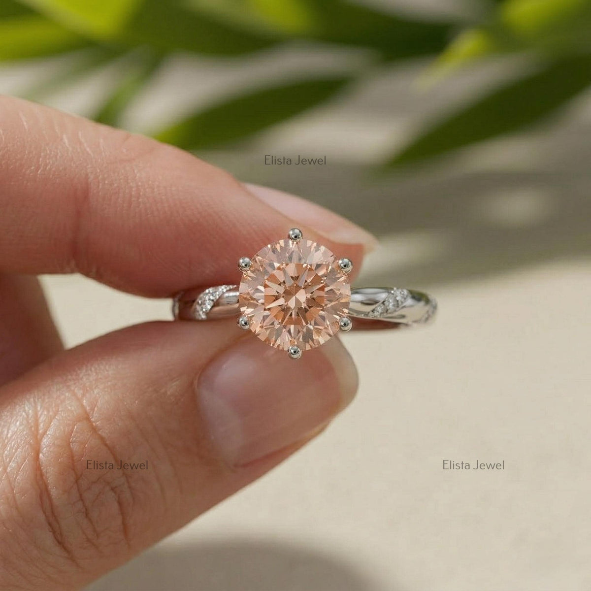 Fancy Peach Round Lab Grown Diamond Solitaire Engagement Ring, 14k White Gold Vine Band IGI Certified