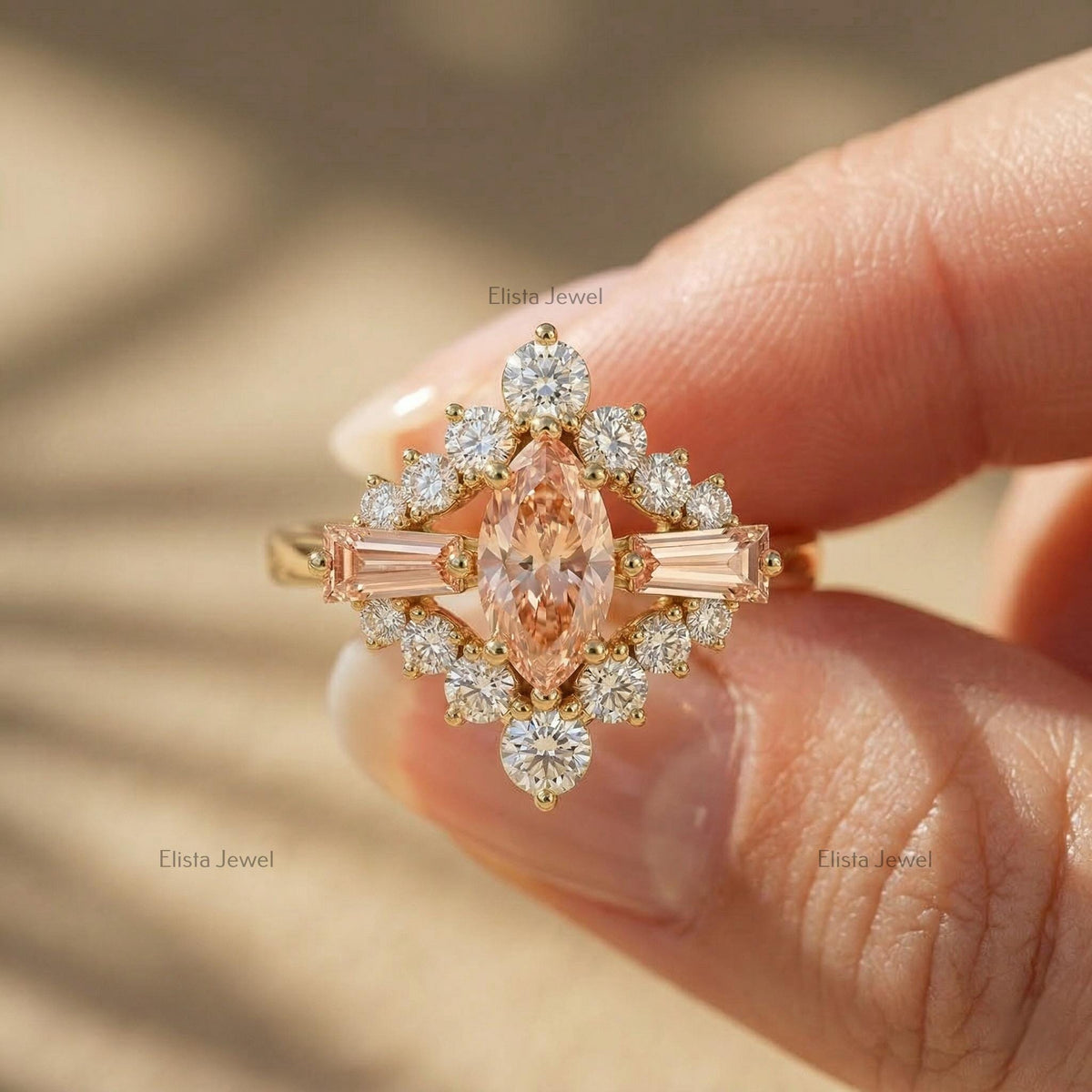 Marquise Peach Diamond Halo Engagement Ring, 18K Yellow Gold, Vintage Sparkle