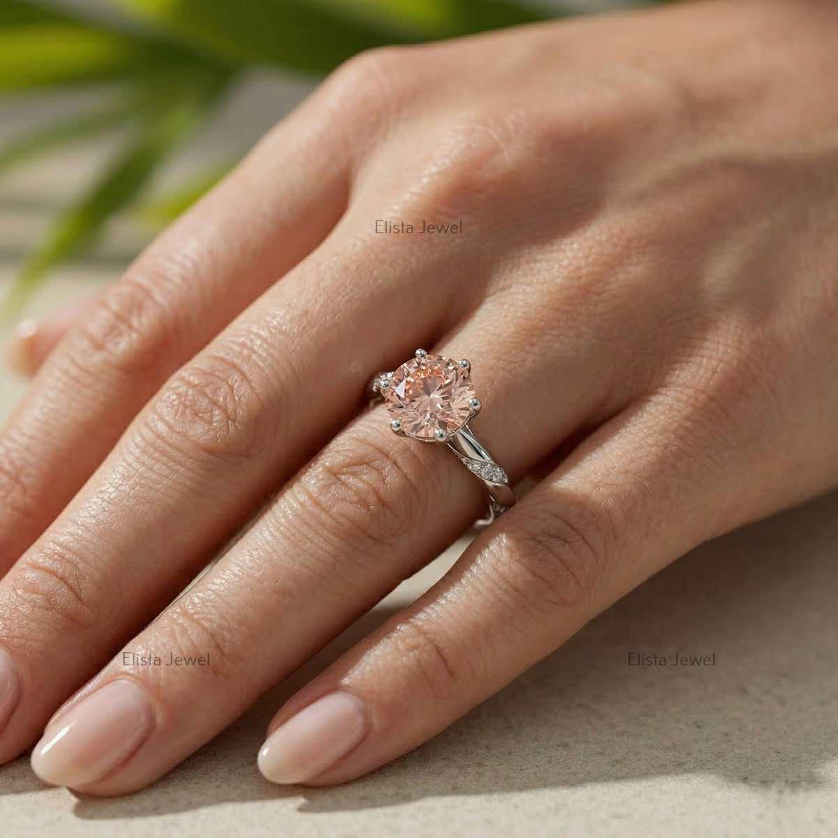 Fancy Peach Round Lab Grown Diamond Solitaire Engagement Ring, 14k White Gold Vine Band IGI Certified