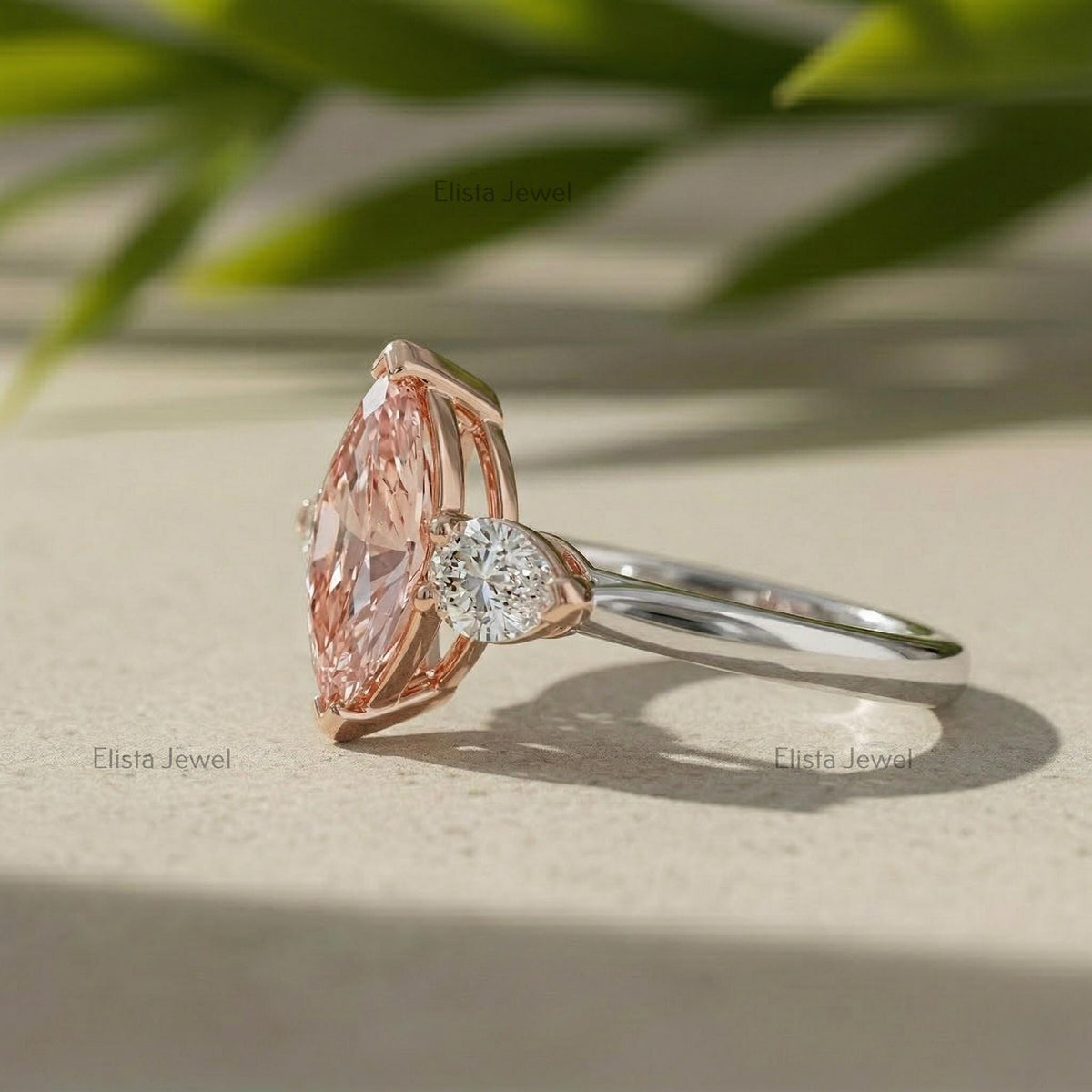 Marquise Pink Lab Diamond Three Stone Ring, 14K Two Tone Pear Stones (IGI Certified)